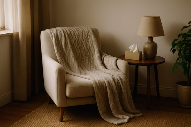 Understanding Low Sex Drive When Sick: Exploring Why Libido Drops During Illness alt_text: A cozy living room corner with a draped blanket on an empty chair, inviting rest and comfort.