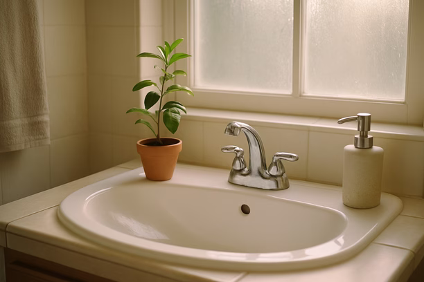 alt_text: A tranquil bathroom sink with a potted plant, illuminated by soft morning light.