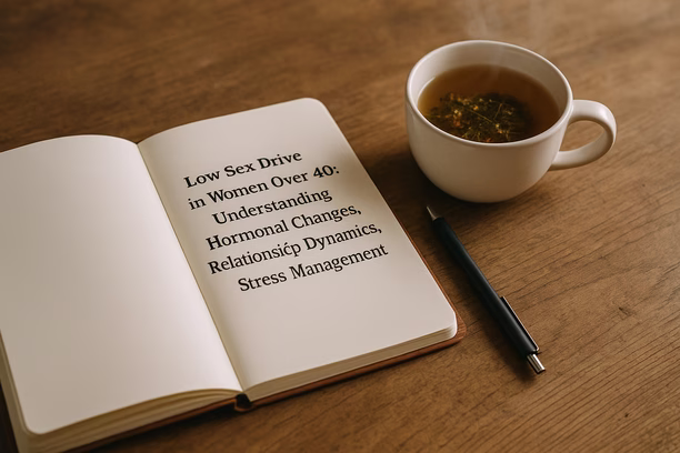 alt_text: An open journal, a pen, and a steaming cup of herbal tea on a wooden table, inviting reflection.