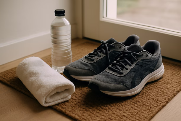 alt_text: Gym towel and water bottle beside running shoes on a door mat, ready for workout.