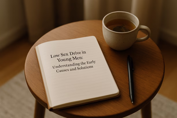 alt_text: A journal with a pen and a cup of herbal tea on a wooden table in a softly lit room.
