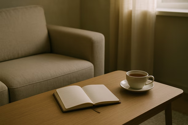 alt_text: A serene living room corner with a journal and cup of tea bathed in soft morning light.