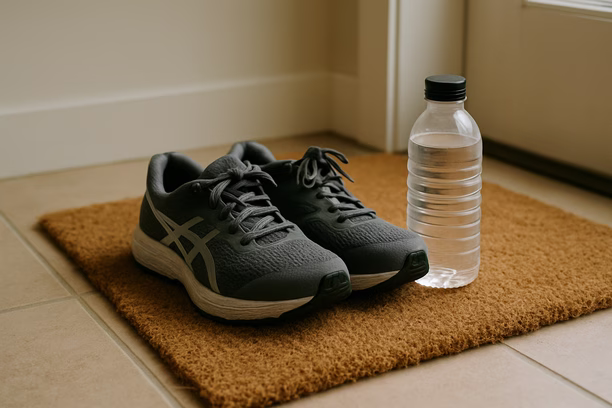 alt_text: Running shoes and a water bottle on a doormat, hinting at an active lifestyle.