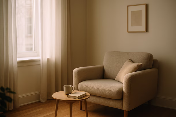 alt_text: A serene living room corner with soft morning light, a cozy chair, a cup, and a book.